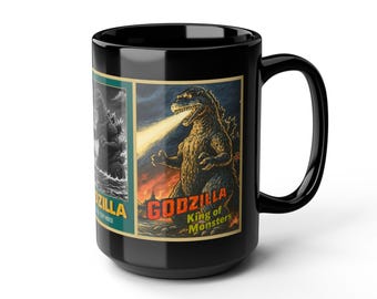 May include: Black ceramic mug featuring a vintage Godzilla movie poster design. The mug displays a classic Godzilla illustration with the text "GODZILLA King of Monsters" and a second image of Godzilla. The mug has a large handle.