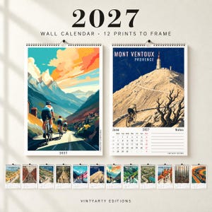 Könnte beinhalten: Ein Wandkalender für 2027 mit 12 Drucken zum Einrahmen, die Radsport-Illustrationen zeigen. Der Kalender zeigt links eine Berglandschaft mit Radfahrern und rechts eine Seite für Juni 2027 mit dem Mont Ventoux Provence.