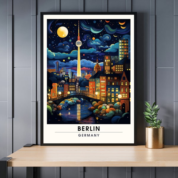 Impression Berlin | Poster de voyage Berlin, Allemagne |  vue sur Fernsehturm de Berlin la nuit
