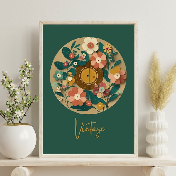 Vintage vinyl record poster, flower poster, wall decoration, interior decoration, vinyl record and flowers.