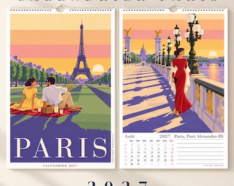 Op de afbeelding: Een wandkalender voor 2027 met de titel CALENDRIER PARIS met twee illustraties van Parijs. De linkerpagina toont een koppel dat picknickt voor de Eiffeltoren. De rechterpagina toont een persoon in een rode jurk op de Pont Alexandre-III.