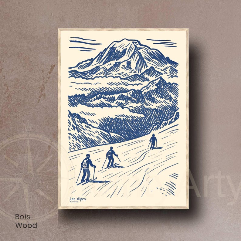 May include: A framed print with a blue and cream illustration of a mountain scene with skiers. The artwork includes the text "Les Alpes" and "Bois Wood". The style is reminiscent of a woodcut.