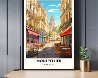May include: A colourful illustration of a street scene in Montpellier, France. The image features a narrow street lined with buildings, with a church in the distance. There are tables and chairs set up outside cafes, and people are walking by. The text "MONTPELLIER FRANCE" is at the bottom of the image.