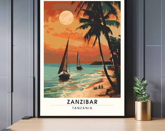 May include: A framed art print depicting a Zanzibar beach scene at sunset. The artwork features sailboats on turquoise water, palm trees, and a large moon against an orange and yellow sky. The text "ZANZIBAR TANZANIA" is at the bottom.