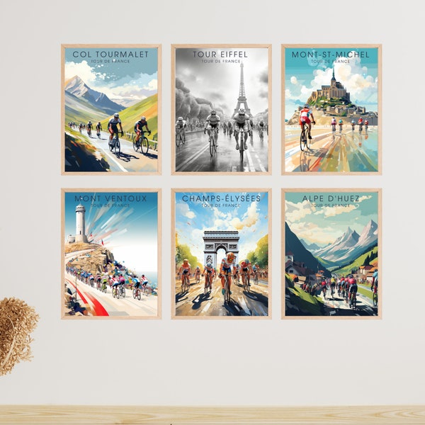 Ensemble d'affiche Tour de France  : Mont Ventoux, Alpe D'Huez, Champs Elysées, Col du Tourmalet, Mont Saint Miche et Tour Eiffel