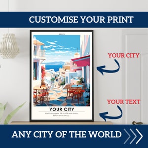 Pu&ograve; includere: Un poster stampabile con un'illustrazione colorata di una citt&agrave; con edifici, una strada acciottolata e un cielo blu. Il testo "YOUR CITY" &egrave; in fondo al poster, insieme al testo "Visited on June 10, 2023 with Mate, Sarah and Jahny..."