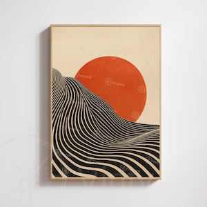 Affiche Soleil géométrique minimaliste – Lignes noires & cercle rouge | Poster abstrait moderne | Avec ou sans cadre