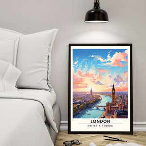 May include: A colorful illustration of the London skyline with Big Ben and the River Thames. The text "LONDON" and "UNITED KINGDOM" is at the bottom of the image.