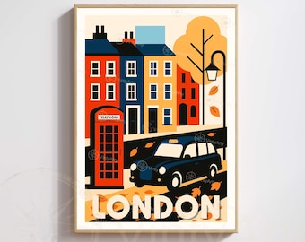 London Poster – Red Telephone Box & Black Cab | Vintage Graphic Print | Modern British Wall Art Home Décor