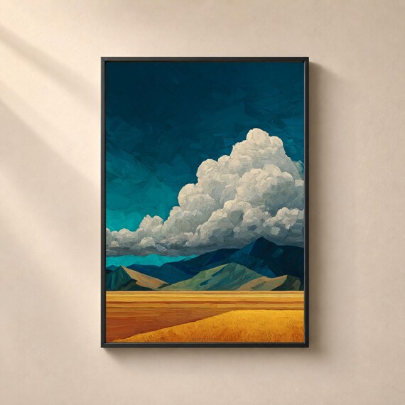 Affiche ciel d'orage et champs dorés, poster paysage impasto, art mural bleu et jaune texturé