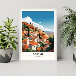 Könnte beinhalten: Eine farbenfrohe Illustration eines Dorfes am Hang in Kabylie, Algerien. Das Dorf ist an einem steilen Hang mit vielen Häusern und Bäumen gebaut. Der Himmel ist blau mit weißen Wolken.