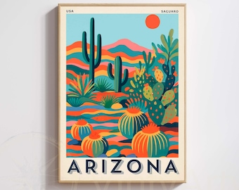 Poster met kleurrijke woestijn in Arizona | Poster met saguaro-cactus | Vintage illustratie uit de VS