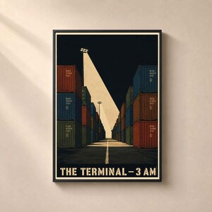 May include: A framed vertical art print titled THE TERMINAL - 3 AM, depicting a dark shipping yard at night with rows of stacked red, blue, and green cargo containers illuminated by a single bright spotlight beam shining down onto the ground.