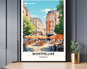 May include: A colourful illustration of a city square in Montpellier, France. The illustration features a sunny day with people sitting at outdoor cafes under orange umbrellas. The text "MONTPELLIER FRANCE" is at the bottom of the illustration.