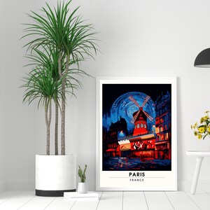 May include: A colorful illustration of the Moulin Rouge in Paris, France. The windmill is red and white, with a blue sky and stars in the background. The text "PARIS" and "FRANCE" is at the bottom of the image.