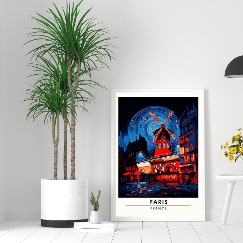 May include: A colorful illustration of the Moulin Rouge in Paris, France. The windmill is red and white, with a blue sky and stars in the background. The text "PARIS" and "FRANCE" is at the bottom of the image.
