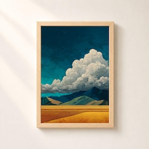 May include: A framed wall art print featuring a landscape with a golden yellow field in the foreground, dark blue and green mountains in the middle ground, and a large white cumulus cloud formation set against a deep navy blue sky.