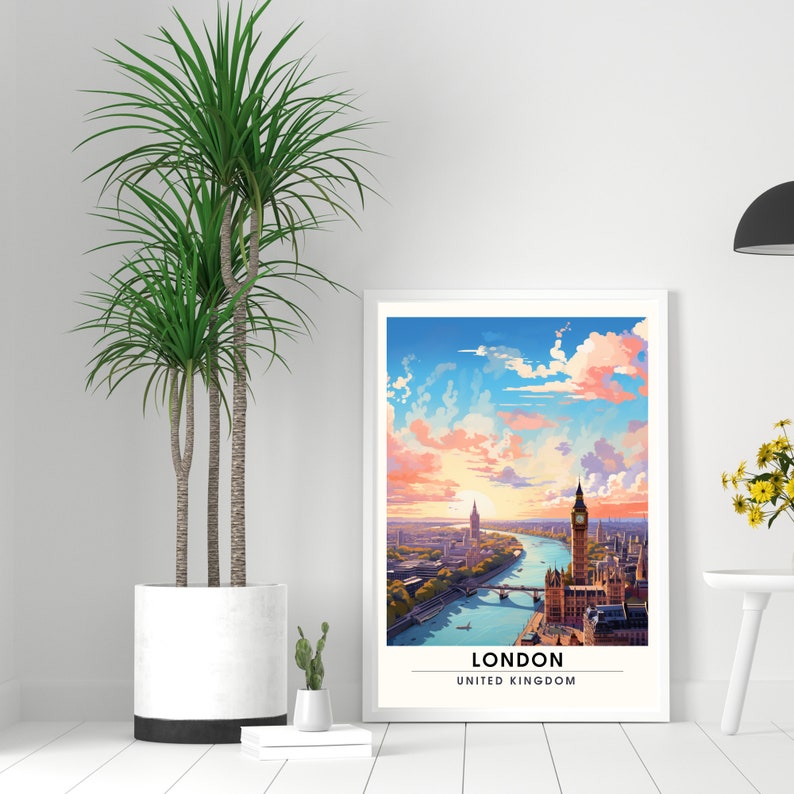 May include: A colorful illustration of the London skyline with Big Ben and the River Thames. The text "LONDON" and "UNITED KINGDOM" is at the bottom of the image.