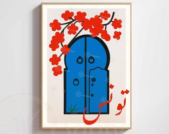 Poster di Tunisi – Porta blu e fiori rossi | Arte araba minimalista e decorazioni murali tunisine