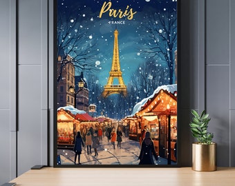 May include: A digital illustration of the Eiffel Tower in Paris, France, with a snowy background and a Christmas market in the foreground. The illustration features a blue sky with white snow falling, and the Eiffel Tower is lit up in gold. The Christmas market is decorated with lights and has stalls selling various goods.