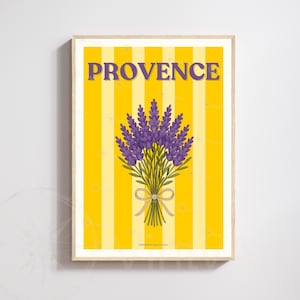 Provence Lavender Poster – Yellow Striped Wall Art – French Countryside Print image 1