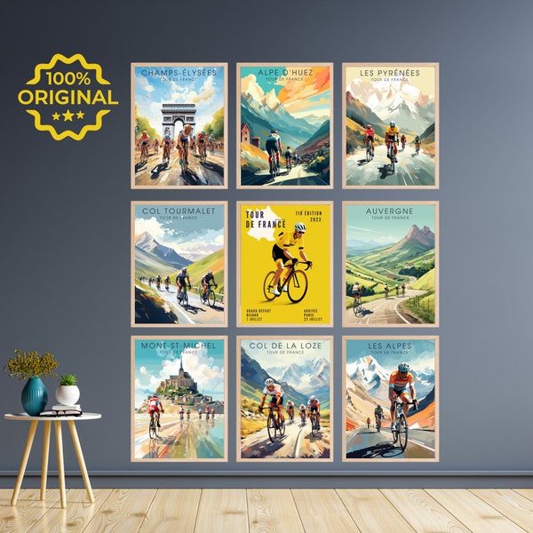 Ensemble de 9 affiches Tour de France Alpes d'Huez, Mont St Michel, Pyrénées, Mont Ventoux, Champs-Élysées, Col du Tourmalet, Les Alpes