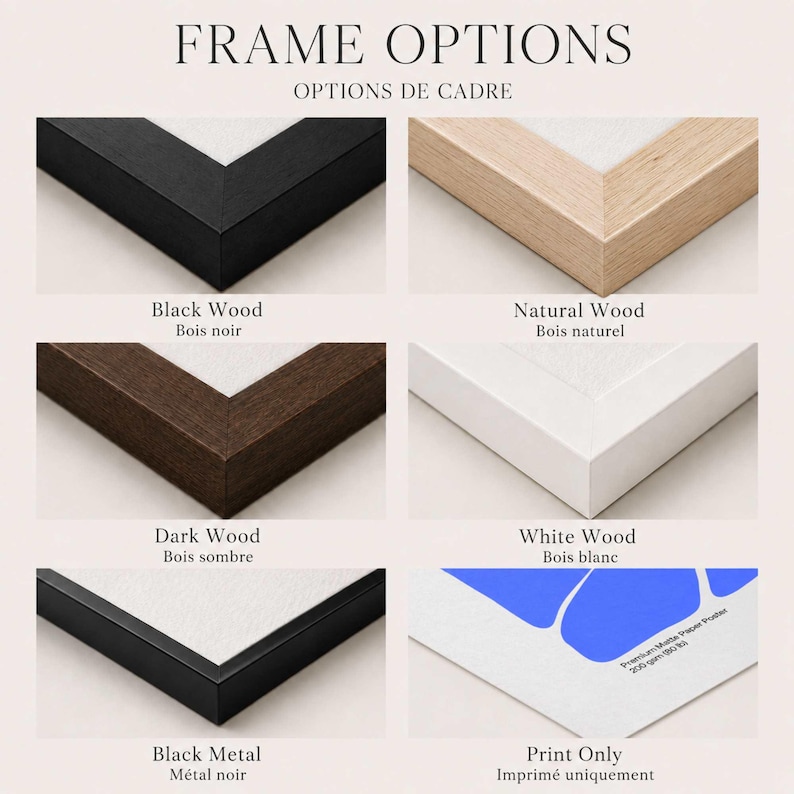 May include: A grid of six frame options labeled FRAME OPTIONS. The choices include black wood, natural wood, dark wood, white wood, black metal, and a print only option featuring a blue graphic on white paper with text reading Premium Matte Paper Poster.