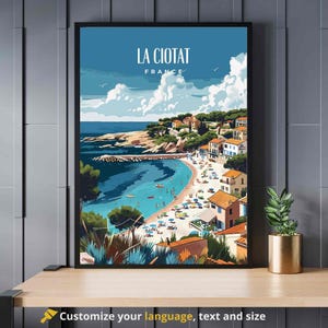 May include: A colorful illustration of a coastal town in La Ciotat, France. The image features a beach with people, a blue bay, and buildings on a hillside. The text "LA CIOTAT FRANCE" is at the top of the image.
