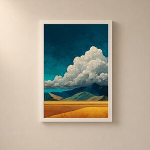 May include: A framed wall art print featuring a landscape with a golden yellow field in the foreground, dark blue and green mountains in the mid-ground, and a large, textured white cloud formation set against a deep navy blue sky.