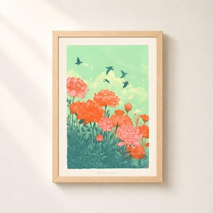 Peut inclure: Une impression d'art encadrée représentant un ciel vert clair avec cinq oiseaux sombres en vol au-dessus d'un champ de fleurs orange et roses vives. Le bas de l'impression comporte le petit texte centré "FIFTY-NINE EDITIONS" en police simple.