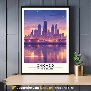Impresión de Chicago | Póster de viaje de Chicago | Cartel de Estados Unidos - Chicago de noche