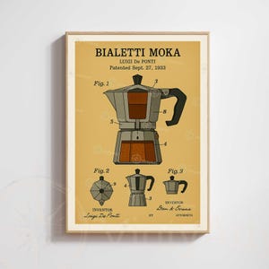 Peut inclure: Impression encadrée d'un diagramme de la cafetière Bialetti Moka, brevetée le 27 septembre 1933. Le diagramme est en noir et blanc sur fond beige, montrant les pièces et l'assemblage de la cafetière.