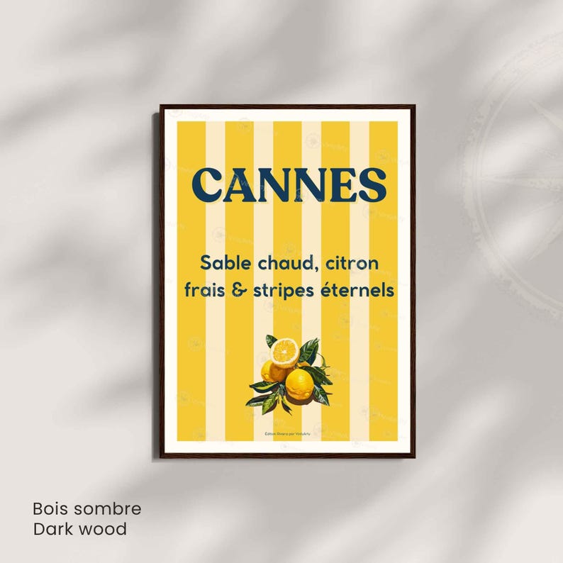 Cannes Lemon Poster – Striped Wall Art – French Riviera Typography ...