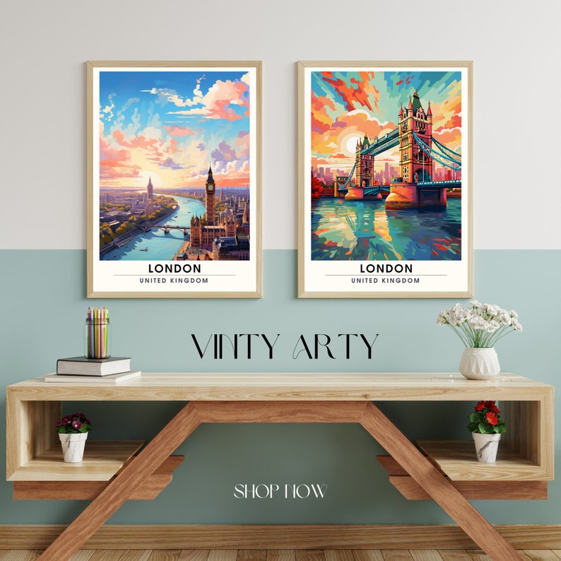 May include: Two colorful London themed art prints with a stylized, pixelated look. The first print features a view of the River Thames with Big Ben and the Houses of Parliament in the background. The second print features Tower Bridge with a sunset sky and reflection in the water. Both prints have the text "LONDON" and "UNITED KINGDOM" below the image.