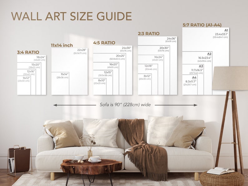 May include: A wall art size guide with different ratios and measurements in inches and centimeters. The guide shows the size of the art pieces in relation to a sofa that is 90 inches wide.
