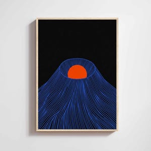 Japanisches Wellen Poster — Rote Sonne Schwarze Linienkunst minimalistisch