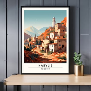 Könnte beinhalten: Eine farbenfrohe Illustration eines Dorfes in Kabylie, Algerien. Das Dorf liegt eingebettet in einer Berglandschaft mit einem weißen Gebäude mit einem Glockenturm in der Mitte. Der Text "Kabylie" und "Algerien" ist unter dem Bild gedruckt.
