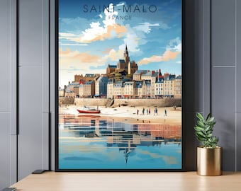May include: A colorful illustration of Saint-Malo, France, featuring a cityscape with a church, buildings, and a sailboat in the water. The text "SAINT-MALO FRANCE" is at the top of the image.