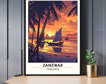 May include: Framed art print showing a Zanzibar sunset with sailboats on the water and palm trees. The print includes the text "ZANZIBAR TANZANIA". The artwork uses a colour palette of orange, yellow, and dark blue.