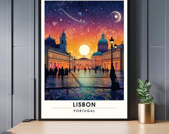 Lisbon print, Portugal, Lisbon travel poster, Night trip to Lisbon