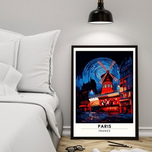 May include: A colorful illustration of a windmill in Paris, France. The windmill is red and blue with a white background. The illustration is set against a dark blue background with white stars. The text "PARIS" and "FRANCE" is at the bottom of the illustration.