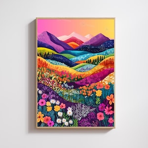 Affiche Abstraite Fleurie – Montagnes Colorées et Champs de Fleurs Vibrants