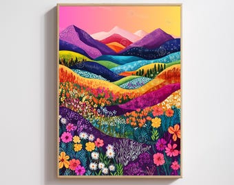 May include: A framed art print featuring a vibrant, colorful landscape. The artwork depicts rolling hills and mountains in shades of purple, blue, yellow, orange, and pink, with a variety of flowers in the foreground. The print is in a wooden frame.