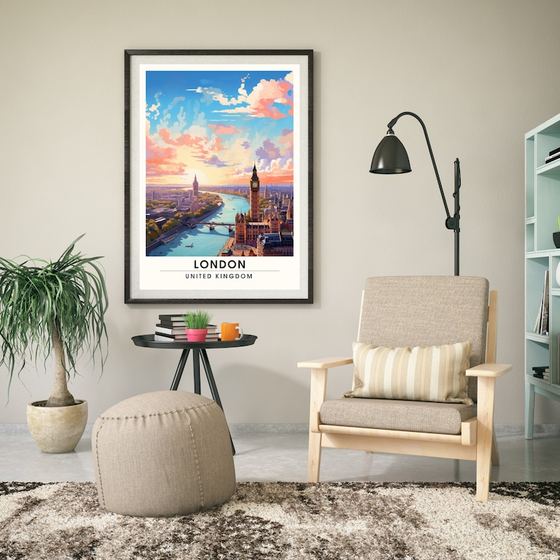 May include: A framed poster with a colorful illustration of the London skyline, including Big Ben and the Houses of Parliament. The poster has the text "LONDON" and "UNITED KINGDOM" printed below the image.