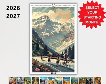 2026 Cycling Calendar – Vintage Bicycle Art Calendar – 12 Iconic Cycling Routes – Reusable Wall Calendar Printed Locally