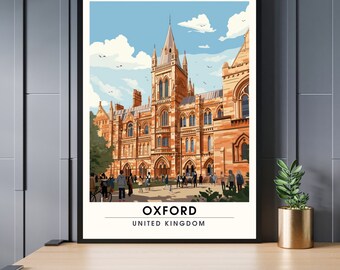 May include: A colorful illustration of the Oxford University Museum of Natural History in Oxford, United Kingdom. The building is a large, brick structure with a tall tower. There are people walking in front of the building.