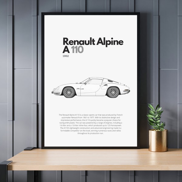Poster Renault Alpine A110 | Wandkunst | Oldtimer-Poster | Schwarz-weißes Poster