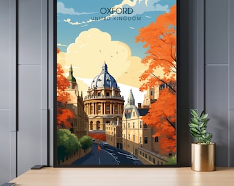 May include: A colorful illustration of Oxford, United Kingdom, featuring a view of the Radcliffe Camera, a historic library building, with surrounding buildings and trees in autumn colors.