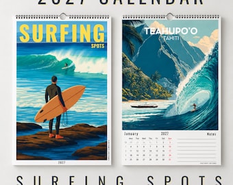 May include: A 2027 wall calendar titled Surfing Spots by Vintyarty Editions. The cover features a surfer holding a board on rocks overlooking ocean waves. The January page displays Teahupo'o Tahiti with a large wave and a calendar grid.