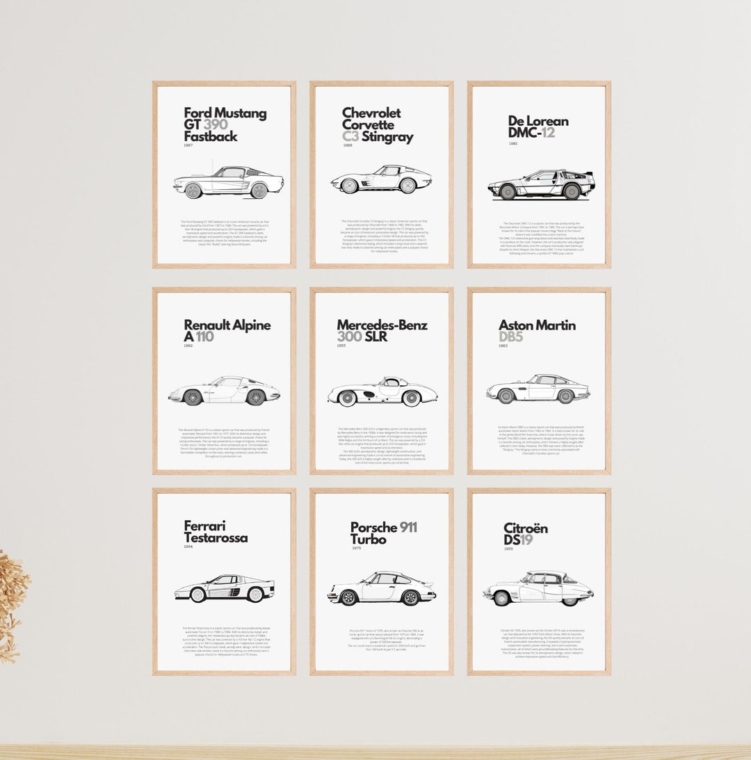 Set of 9 Vintage Car Posters, Vintage Poster, Vintage Wall Decor, Black and White Car Poster